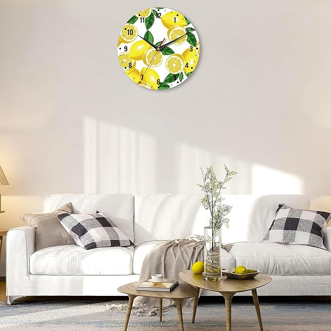 SPUNKER Clocks for Living Room,Lemon Wall Clock Battery Operated 10 Inch,Tropical Fruit Leaves Round Clock Silent Non-Ticking Wall Decor for Farmhouse Office Home School Living Room Bedroom