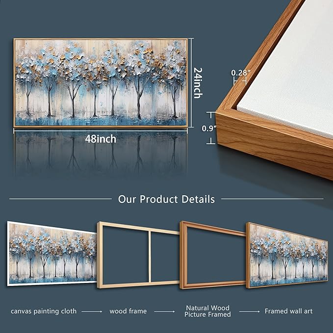 Lapremoly Abstract Wall Art For Living Room Large Wall Decor For Bedroom Modern Office Wall Posters Trees Pictures Artwork Blue Wall Painting Canvas Art Prints Vintage Wood Framed Home Decor 24x48