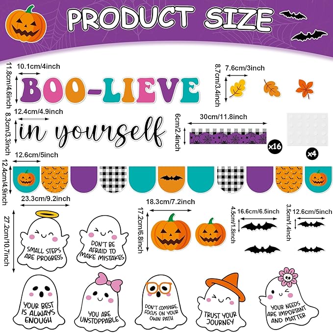 Halloween Bulletin Board Decorations Set Boo-Lieve in Yourself Classroom Decor Spooky Boo Ghost Pumpkin Paper Cutouts for Halloween Party October Office School Classroom Chalkboard Wall Supplies Favor