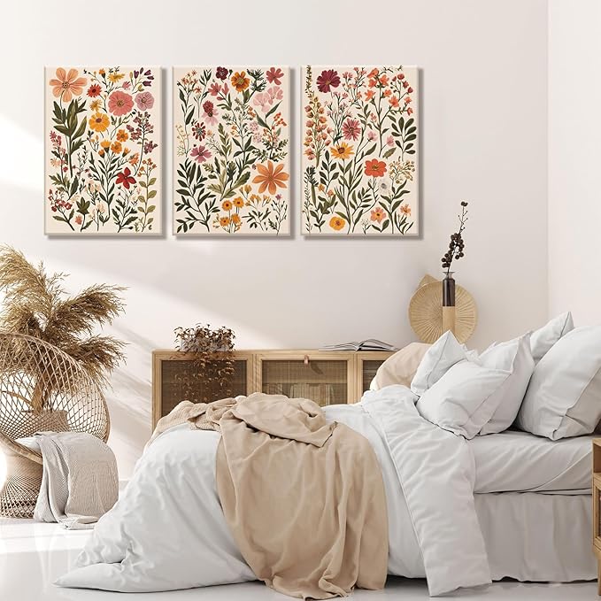 KISSFOX 3 Piece Boho Floral Canvas Wall Art For Bedroom Cottagecore Wild Flower Wall Art Colorful Nature Modern Botanical Art Prints For Nursery Living Room,16x24 in
