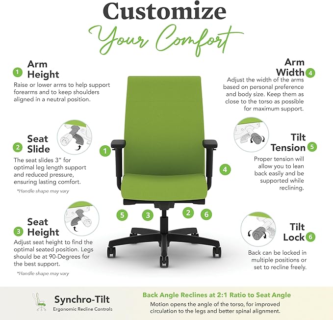 HON Ignition 2.0 Fabric Office Chair, Upholstered, Adjustable Arms, Advanced Synchro-Tilt Recline Executive Ergonomic Office Chair, Black Frame, Pear