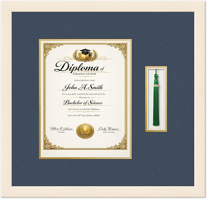 CountryArtHouse Diploma and Tassel Frame Fits 8.5 x 11 Certificate (Portrait) with Tas Coastal Whitewash Genuine Hardwood Shadowbox with Navy Blue Over Metallic Gold Double mat