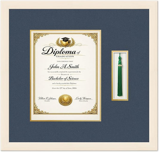 CountryArtHouse Diploma and Tassel Frame Fits 8.5 x 11 Certificate (Portrait) with Tas Coastal Whitewash Genuine Hardwood Shadowbox with Navy Blue Over Metallic Gold Double mat