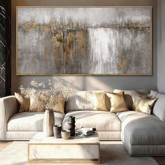 Abstract Hanging Art Grey and Gold Poster Print Neutral Decorative Pictures 36"x70" Poster for Bedroom Artwork for Office