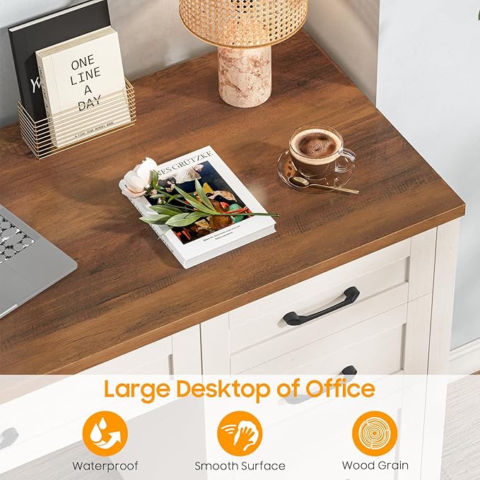 Farmhouse 47" Executive Desk, Computer Desk with File Drawer and Charging Station, Workstation for Home Office, Study.（Unique White）
