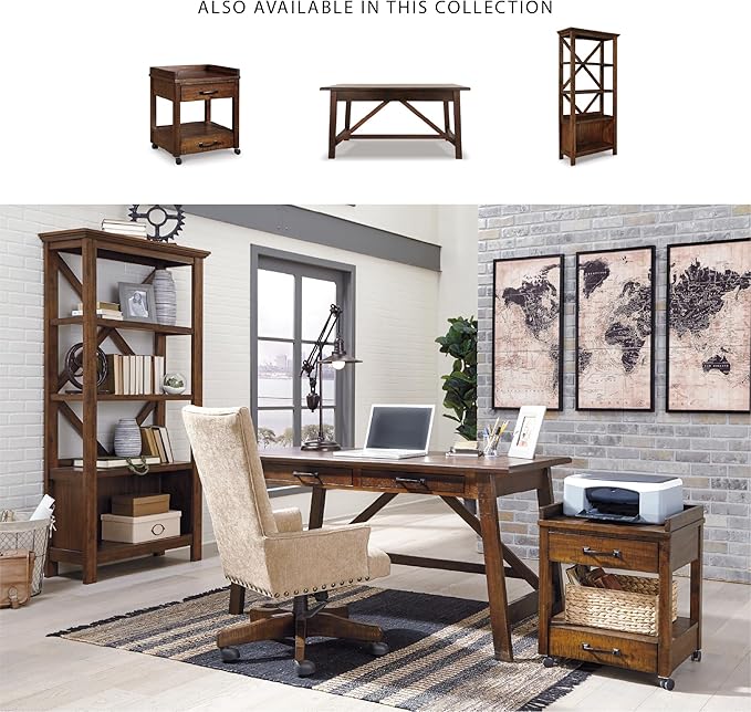 Signature Design by Ashley Baldridge Home Office Desk, Rustic Industrial Desk With Drawers, Wood Construction, Smooth-Gliding Storage for Workspaces, Ideal Office Desk for Home Offices, Brown
