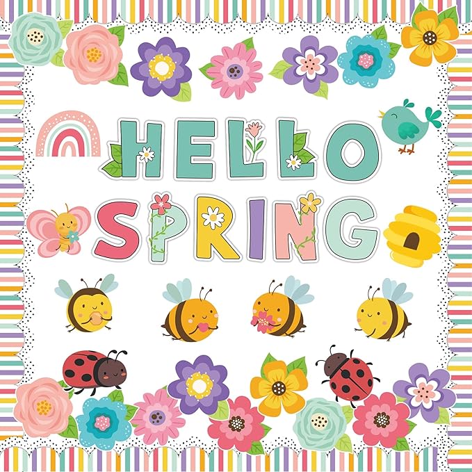 Pasimy Hello Spring Bulletin Board Decorations Spring Classroom Decoration Springtime Flower Bulletin Boards Floral Butterfly Bee Paper Cutouts for School Home Office Door Wall Window Easter Party