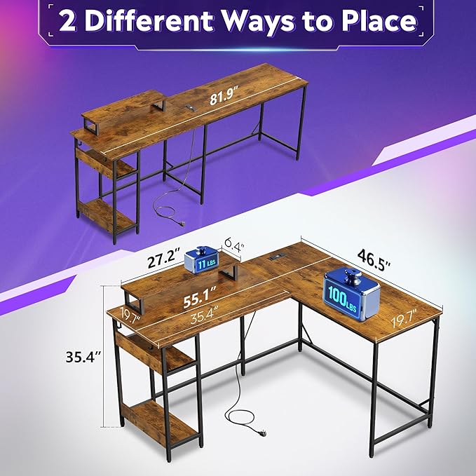 DEVAISE 55 Inch L Shaped Gaming Desk with LED Lights & Power Outlets, Corner Desk for Small Spaces, Sturdy PC Computer Table with Storage for Home Office, Rustic Brown