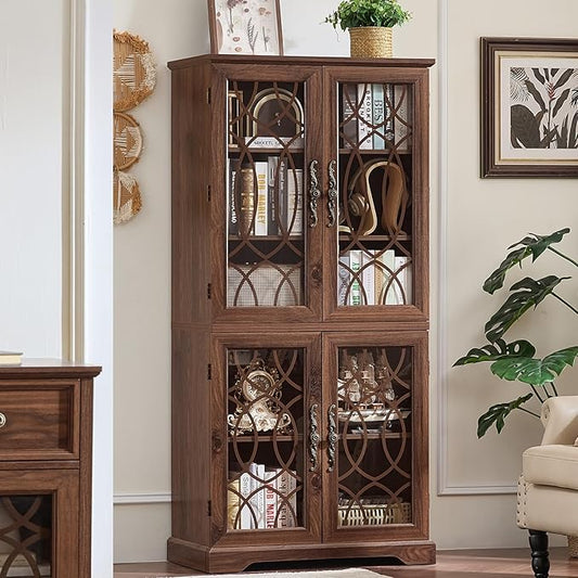 67" Tall Bookshelf, Rustic Book Shelf w/Vintage Pattern Tempered Glass Doors, 5-Tier Wood Bookcase with Adjustable Storage Shelves, Retro Curio Display Cabinet for Living Room, Brown
