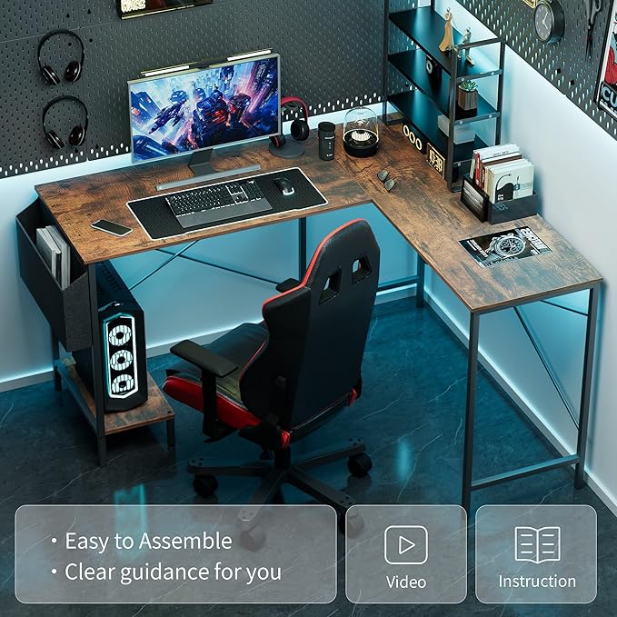 Simple Deluxe L Shaped Desk Gaming Computer 50 Inch Reversible Corner Table PC Work Table for Writing Study Student with Wood Tabletop Metal Frame CPU Stand Side Bag for Home Office Small Place
