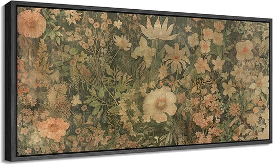 SIGNFORD Extra Large Framed Canvas Botanical Garden in Muted Earth Tones Vintage Floral Illustrations Modern Art Calm Warm for Living Room, Bedroom, Office - 60"x30"