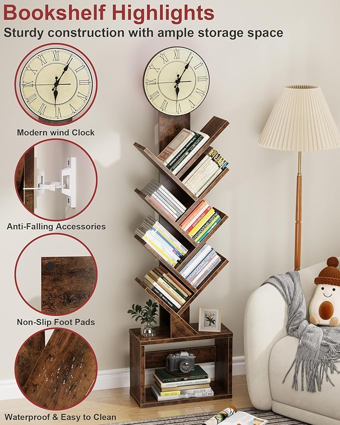 7 Tier Tree Bookshelf with Clock and Storage Cabinet, Small Narrow Floor Standing Bookcase for Bedroom, Living Room, Home Office, Rustic Brown
