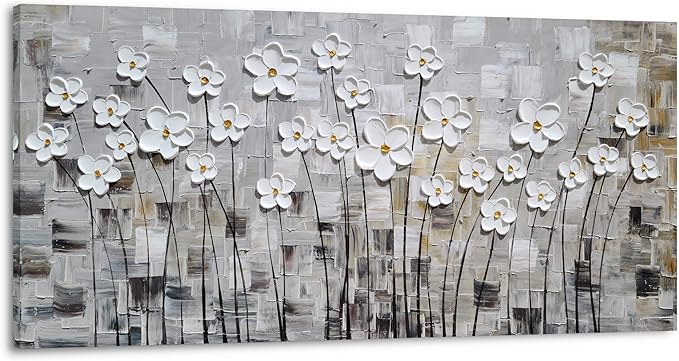 Yihui Arts Hand-Painted Textured White Floral Artwork on Gray Abstract Background - Modern 3D Flower Oil Painting for Living Room, Bedroom, Home Decor