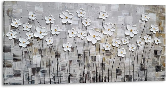 Yihui Arts Hand-Painted Textured White Floral Artwork on Gray Abstract Background - Modern 3D Flower Oil Painting for Living Room, Bedroom, Home Decor