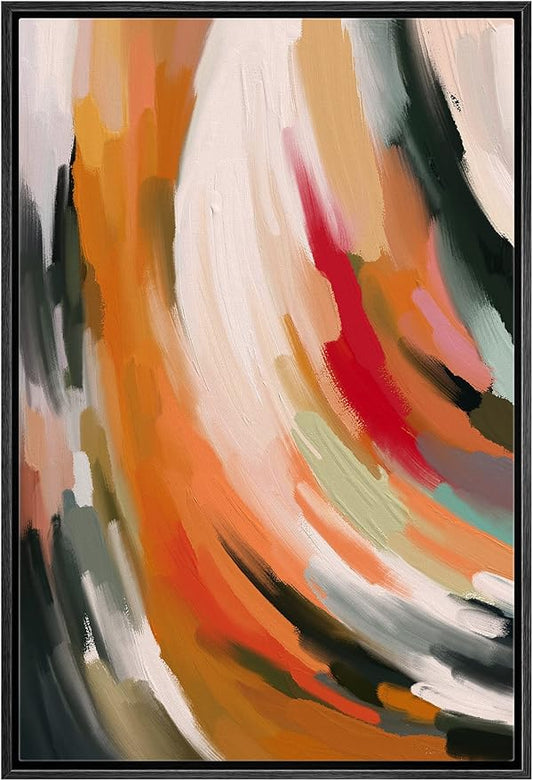MUDECOR Framed Canvas Print Wall Art Rainbow Pastel Paint Stroke Swirl Abstract Shapes Illustrations Minimalism Decorative Relax/Zen Colorful Nordic for Living Room, Bedroom, Office - 16"x24" Black
