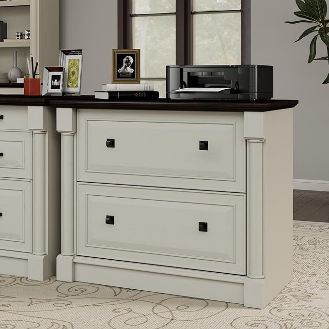 2-Drawer Roman Column File Cabinet, 36.8″ Wide Lateral File Cabinet with Hanging Folders, Fits Letter Legal A4 Size, Elegant Classic Design Home Office Boss Room Printer Stand, White and Brown top