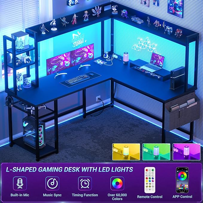 Aheaplus L Shaped Gaming Desk, Reversible L Shaped Desk with Power Outlet and Led Lights, Gaming Desks Corner Computer Desks with Hutch, Monitor Stand and Storage Bag for Home Office, Black