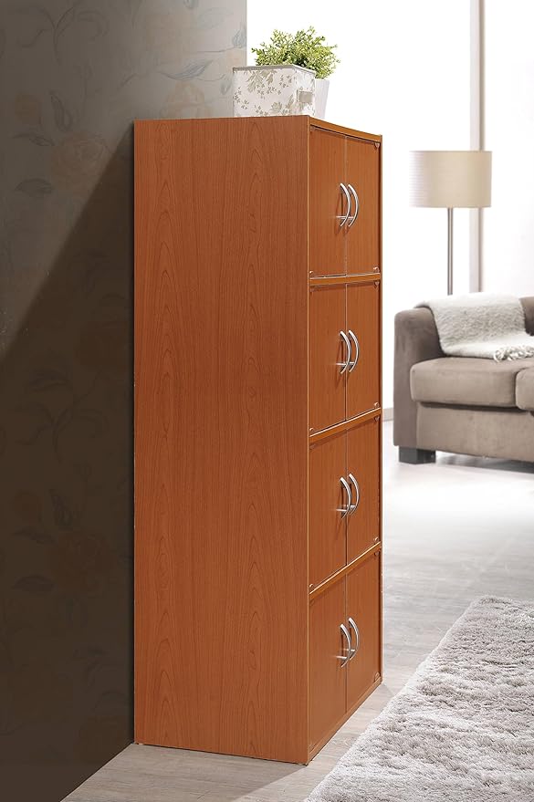 Hodedah 4-Shelf, 8-Door Bookcase Cabinet in Cherry