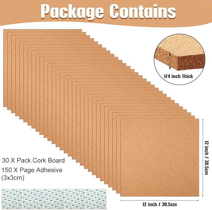 Kosiz 30 Pack Cork Board Square 12" x 12", 1/4" Thick Cork Board Tiles Bulk for Wall Self Adhesive Bulletin Corkboards Tiles Sheet for Wall School Office Home Decoration