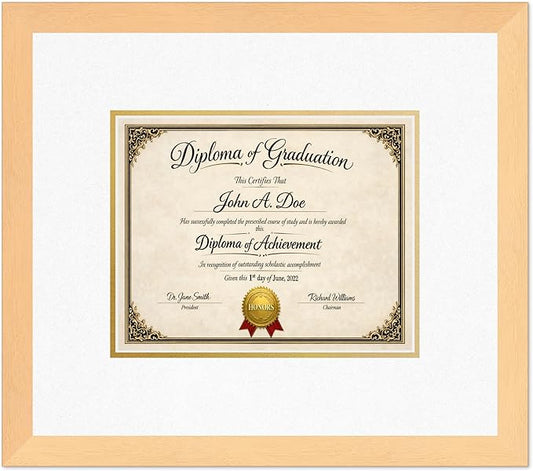 Diploma Frame Natural Wood with Oyster Shell Over Gold Double Mat - Fits 10 x 8 Professional License Wall Display Made in the USA
