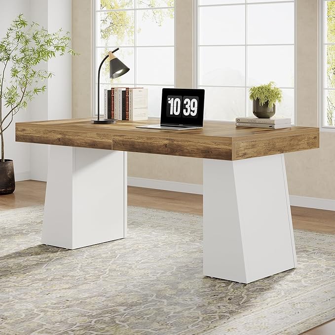 Tribesigns 55" Executive Desk, Wooden Office Desk with Double Pedestal, Modern Simple Computer Writing Table for Home Office, Brown & White