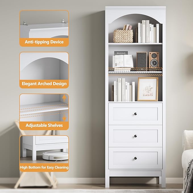Bookshelf with Drawers, 71" Tall Wood Bookcase with Adjustable Shelf, 24" Wide Arched Book Shelf, Floor Standing Display Storage Cabinet for Home Office, Study and Living Room, Modern White