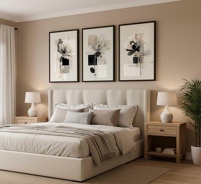 3Pcs Modern Abstract Floral Canvas Wall Art Minimalist Neutral Beige And Black Flower Botanical Painting Picture Wall Decor Poster Print Artwork for Living Room Bedroom Home Decoration Unframed