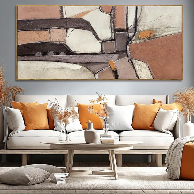 ZENPEE Brown & Grey Abstract Canvas Wall Art 32x71, Neutral Off-White Geometric Design with Wooden Frame, Modern Oversized wall art for living room