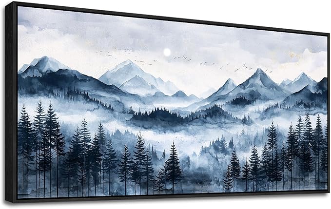 ERQINHUA Black Framed Canvas Wall Art For Bedroom Large Wall Decor For Living Room Modern Office Home Decorations Printed Misty and Fog Forest Painting Mountain Landscape Wall Aesthetics 24x48 In