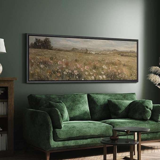 SIGNFORD Large Framed Canvas Pastoral Flower Field Landscape Classic Illustrations Modern Art Calm Warm for Living Room, Bedroom, Office - 60"x20"