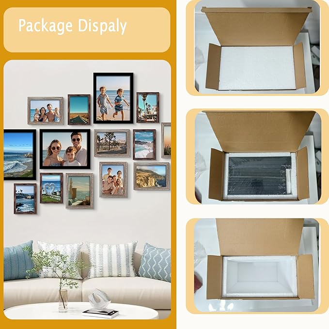 BESCRCL 15 Pack Real Glass Picture Frames Collage Wall Decor, Including 3pcs 8x10, 6pcs 5x7, 6pcs 4x6 Photo Frames for Gallery Wall or Tabletop Display, Brown