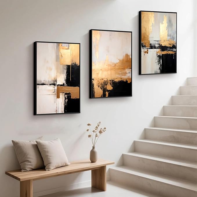 3Pcs Black Gold Abstract Wall Art Large Modern Minimalist Posters Prints Grey And Gold Graffiti Pictures And Paintings Neutral Art for Living Room Bedroom Bathroom Office Decorations Unframed