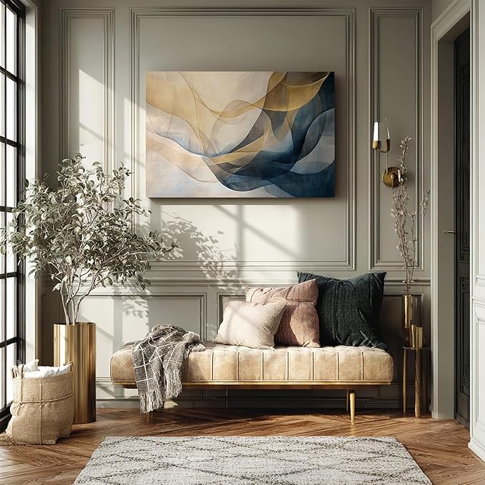 gaosoul Blue Gold Abstract Canvas Wall Art Original Oil Painting Giclee Print of Dynamic Curves Light Blue Champagne Tones with Textured Brushstrokes for Home Office Decor Framed 24x16in