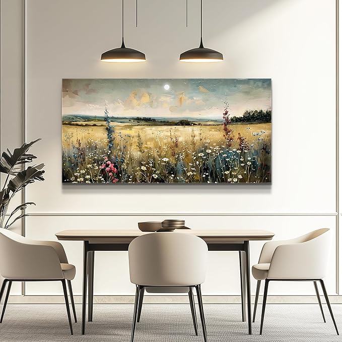 KELIYUAN Wall Art living Room Natural Field Landscape Painted Decor Vintage Meadow Wildflowers Modern Printed Artwork Bedroom Farmhouse Restaurant Office Home Decor Can Be Hung Directly 24x48 In