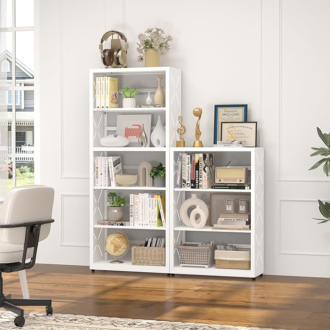 5 Tier Bookshelf, 55"Tall Metal Bookcase with Adjustable Shelves, Modern Display Book Shelf, White Bookcase Shelf, Utility Shelf, Storage Shelves for Office, Living Room, Kitchen, Study-23"W