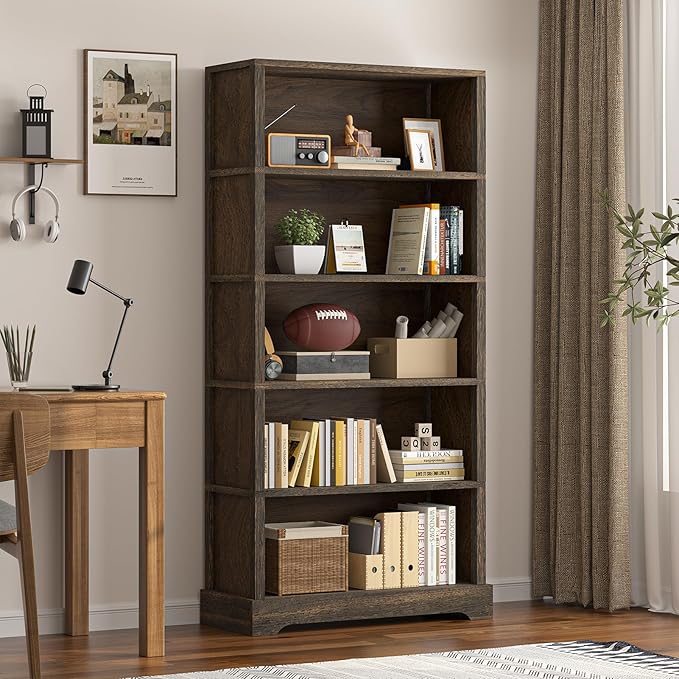 TVU 5-Tier Solid Wood Book Shelf, Floor Standing Bookcase, 65" H × 31.5" W × 11.8" D Bookshelf, Farmhouse Style Book Case with Arched Base, Suitable for Living Room, Study, Office, Walnut