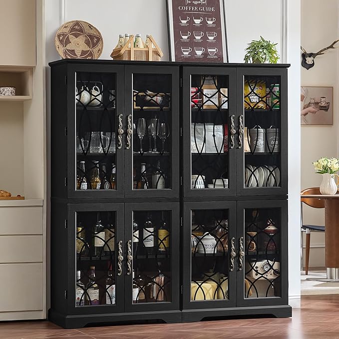67" Tall Bookshelf, Rustic Book Shelf w/Vintage Pattern Tempered Glass Doors, 5-Tier Wood Bookcase with Adjustable Storage Shelves, Retro Curio Display Cabinet for Living Room, Black