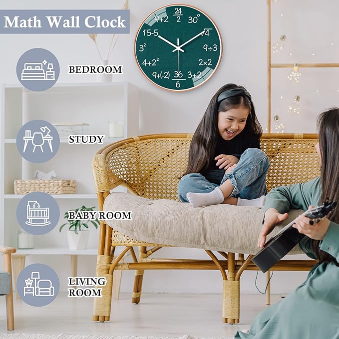 10 Inch Math Wall Clock Silent Non Ticking Movement Quality Quartz Wall Clock for Office Classroom/School/Home/Kitchen/Living Room Wall Decorations (Green)
