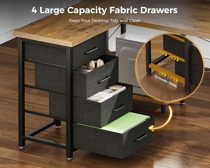 AODK L Shaped Gaming Desk with 4 Drawers, 61" Reversible Home Office Desks with Power Outlets, L Shaped Computer Desk with USB Charging Port and Host Stand, Corner Desk, Easy to Assemble, Vintage
