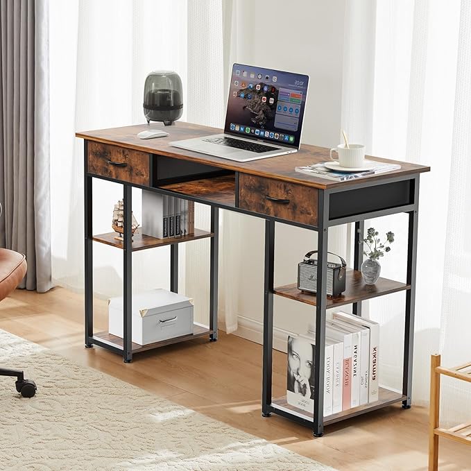 DUMOS 48" Small Computer Home Office Desk for Bedroom with Drawers, Gaming Writing Study Table with Storage Shelf, Adjustable Feet, Metal Frame Rustic Brown