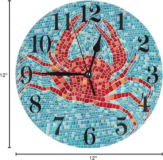 Ocean Crab Wall Clock Battery Operated Silent Round Clock Wall Decor for Home Office School, 12 Inch