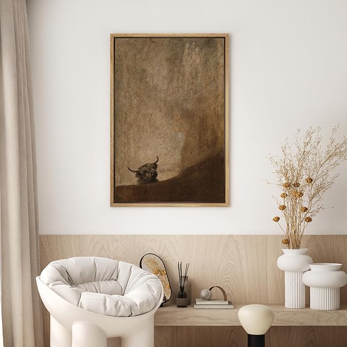SIGNWIN Framed Canvas Print Wall Art Rustic Highland Cow Portrait in Warm Earth Tones Illustrations Modern Decorative for Living Room, Bedroom, Office - 24"x36" NATURAL