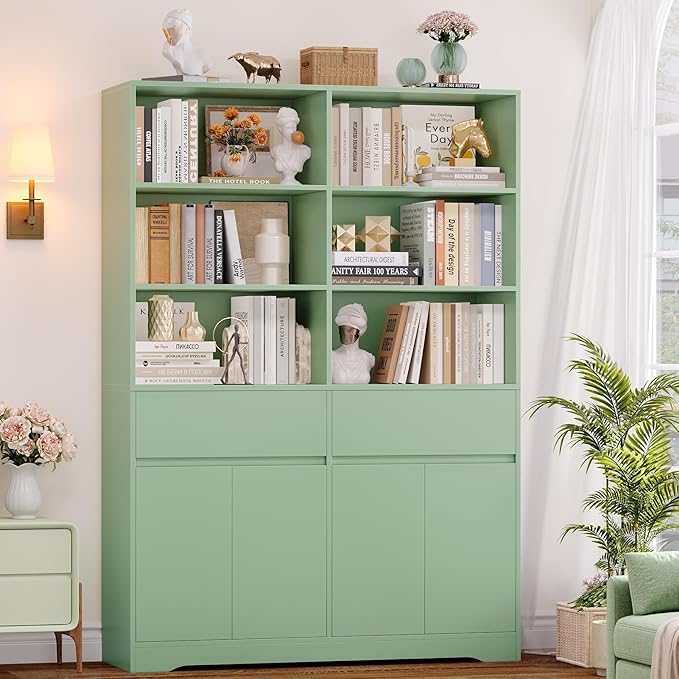 FINETONES 69" Green Bookshelf with Doors, 47.2" Double Wide Bookshelves and Bookcases with Storage, Tall Bookshelf Large Open Book Shelf Standing Book Case for Home Office, Green