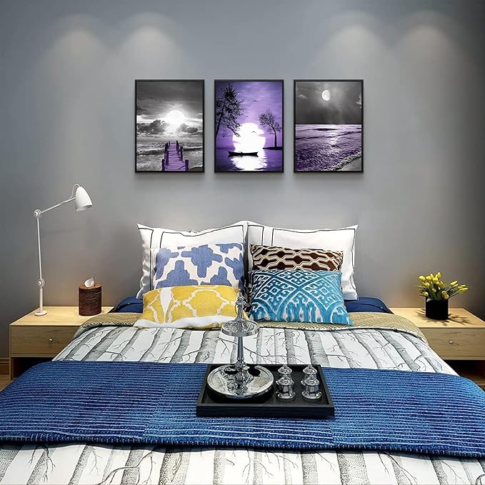 Black Framed Wall Decorations For Living Room Wall Art For Bedroom Modern Office Wall Decor Black And White Painting Ocean Purple Landscape Pictures Home Decor Artwork of 3 Piece Framed Art Prints