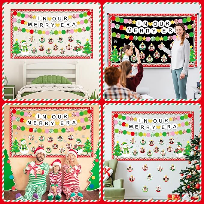 Christmas Era Bulletin Board Set Christmas Ball Friendship Bracelet Classroom Decoration DIY Photo Crafts Xmas Tree Bulletin Board Snowflake Snowman Cutouts for Winter Holiday Chalkboard Wall Decor