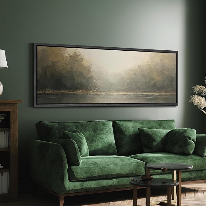 SIGNFORD Large Framed Canvas Foggy Forest River Morning Illustrations Modern Art Calm Warm for Living Room, Bedroom, Office - 60"x20"