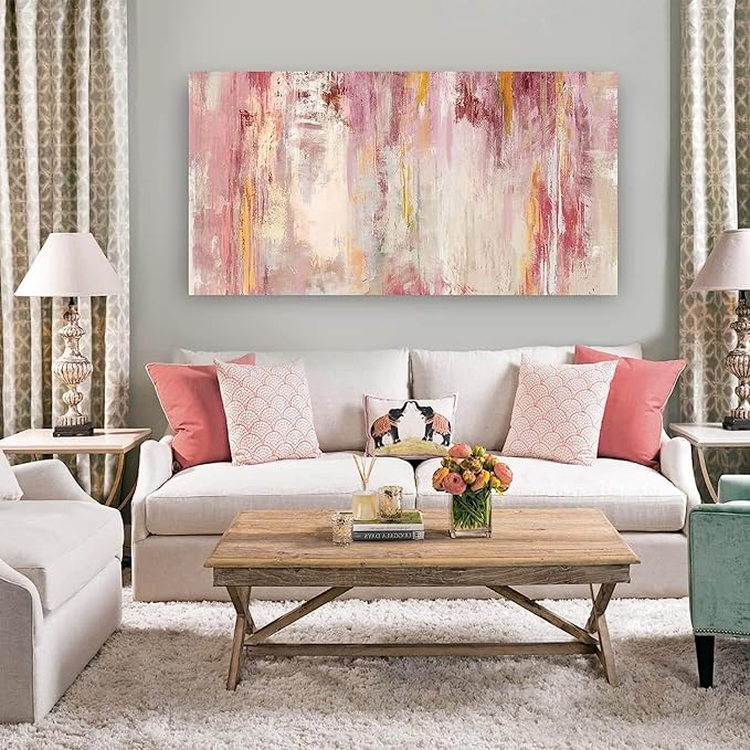 Kureful Abstract Canvas Wall Art Large Wall Decor Pink Wall Paintings for Bedroom Living Room Office Gold Artwork Picture 29x58 Inch