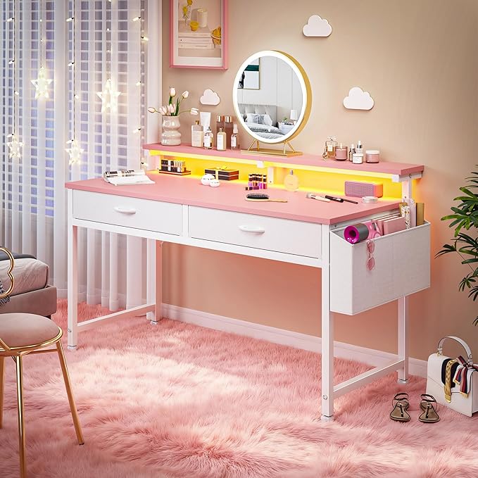 47.3 Inch Office Computer Desk with LED Lights & 2 Fabric Drawers, Gaming Desk with Side Pocket & Ergonomic Monitor Stand, Small Space Study Writing Table with Anti-Tip Design,Pink