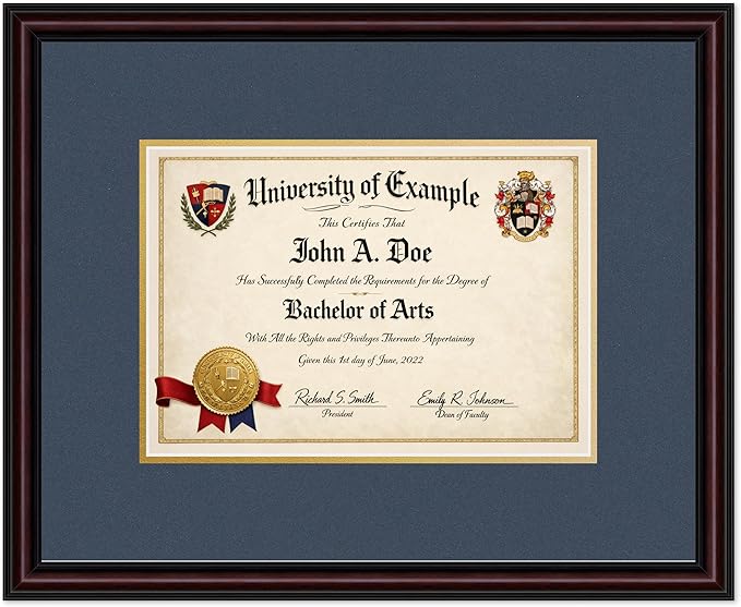 CountryArtHouse Diploma Frame Fits 11.69 x 8.27 A4 Certificate - Keepsake Graduation Display Executive Brown Genuine Hardwood with Navy Blue Over Metallic Gold Double mat