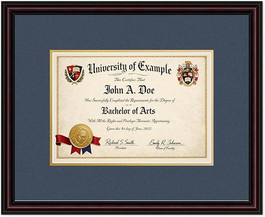 CountryArtHouse Diploma Frame Fits 11.69 x 8.27 A4 Certificate - Keepsake Graduation Display Executive Brown Genuine Hardwood with Navy Blue Over Metallic Gold Double mat